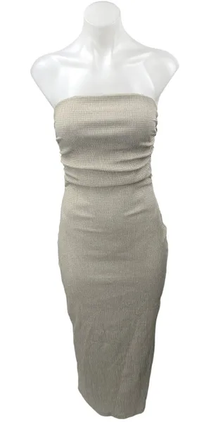 Zara Cream Beige Strapless Sleeveless Bandeau Tube Bodycon Midi Dress Size S thumbnail 1