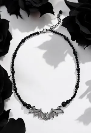Gothic Bat Pendant Black Bead Necklace, Simple Creative Design Fashion Jewelry‎ thumbnail 1