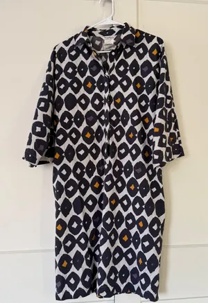Max Mara Cotton Geometric Print Shirt Dress Navy White Mustard Made in Italy 8 thumbnail 1