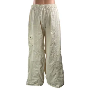 Tiger Mist Cream High Rise Baggy Wide Leg Parachute Cargo Trouser Pants Size L thumbnail 3