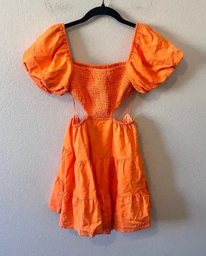 We Are Sundays Womens S Orange Puff Sleeve Smocked Dress Summer Spring thumbnail 1