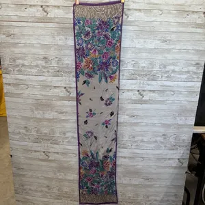 Vintage 80s Oscar de la Renta Silk Scarf Fringe Floral Purple & Teal Japan 52x11 thumbnail 2