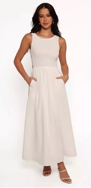 New! Petal & Pup Lillie Maxi Dress White Open Back Tie Smocked Midi Dress Small thumbnail 1