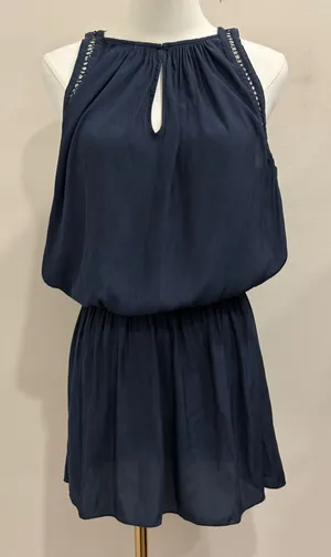 Ramy Brook Elda Sleeveless Keyhole Smocked Blouson Mini Dress Navy Blue Medium thumbnail 1