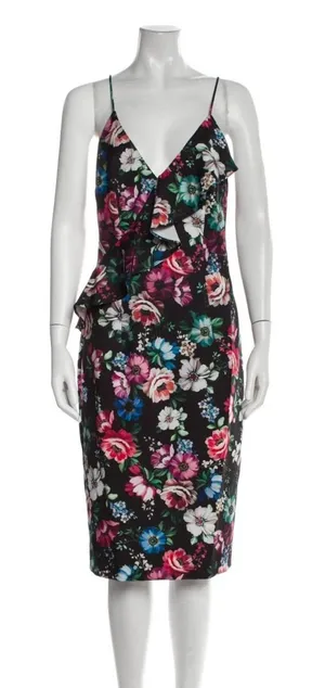 Black Halo Leni Floral‎ Ruffle Sheath Dress Midi Coquette Garden Party Wedding thumbnail 1