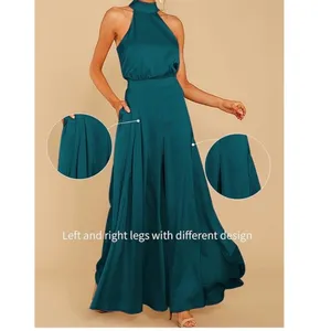NEW Satin Sleeveless Halter Jumpsuit Pockets Wide Leg L thumbnail 5