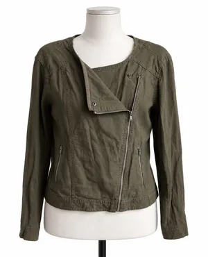 Gap Linen Blend Moto Jacket Womens Large Olive‎ Green Utility Asymmetrical Zip thumbnail 1