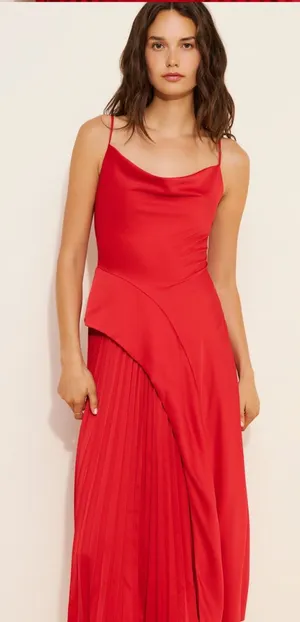 Lulu's Red Cowl-Neck Maxi satin feel Dress with Pleated Skirt thumbnail 1