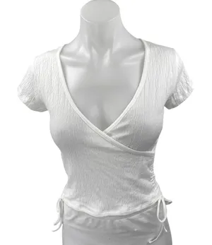 Brandy Melville White Crinked Faux Wrap Short Sleeve Ruched Crop Blouse Top Sz S thumbnail 1