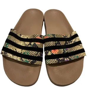 Cute Women’s Slide Sandals in Taupe with Snake-Print Straps thumbnail 1