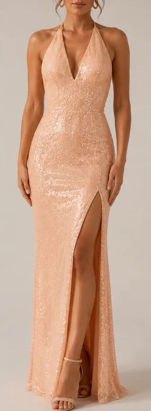 Class & Fashion Elegant Blush Sequin Dress. Side Slit Corset Back S/M thumbnail 1