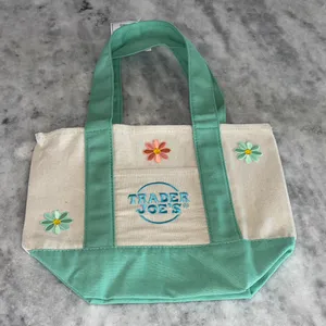 Trader Joe's Mint Green and Cream Canvas Tote with Floral Embroidery thumbnail 1