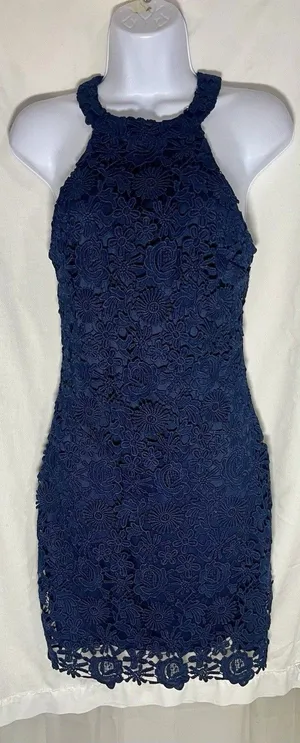 Lulus Navy Blue Floral Crochet Lace Halter Neck Bodycon Mini Dress Style 61976A thumbnail 1