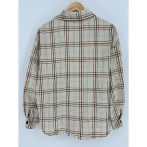 Plaid Shacket Women Medium Tan Oversized Flannel Button Up Shirt Neutral Cozy thumbnail 4