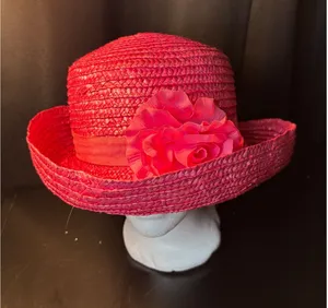 Vintage Magenta Pink Straw Sun Hat Wide Brim Floral‎ Ribbon Accent Summer Beach thumbnail 1