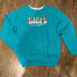 Vintage Snowman Christmas Sweatshirt XL Teal thumbnail 2