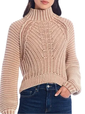 Free People - Sweetheart Mock Neck Chunky Cable Knit Sweater Sand Castle Sz M thumbnail 1