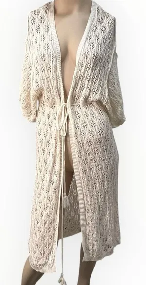 POL Crochet Ivory Beach Cover‎ Up Kimono Cardigan Tassel Tie Waist Size S NWOT thumbnail 1