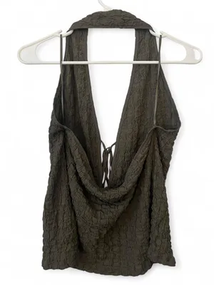 Zara olive green crinkle textured tie front halter tank top size large thumbnail 2