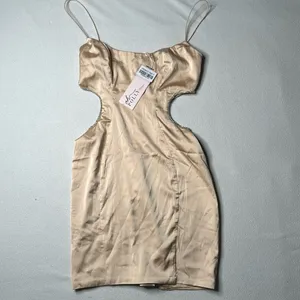 NWT Oh Polly Tan Ocean Shinmer Satin Rhinestone Cut Out Mini Dress thumbnail 4