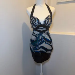 Bebe‎ 100% Silk Halter Mini Dress XS Turquoise Spotlight Y2K thumbnail 7