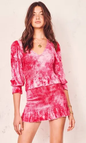 Loveshackfancy Evan Mini Dress Womens‎ Medium Pink Tie Dye Velvet Ruffle Smocked thumbnail 1