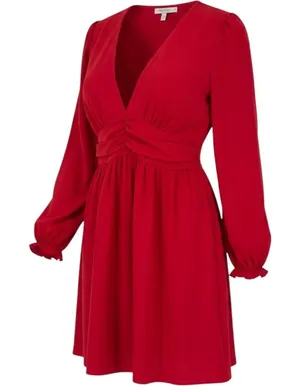 UMENLELE Red Long Sleeve Ruched V Neck‎ Mini Dress Women's Size Medium thumbnail 1