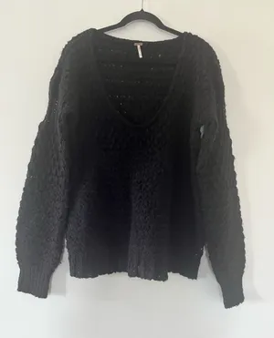 Free People Black Chunky Open Knit Oversized Sweater Small Wool Boho Capsule thumbnail 1