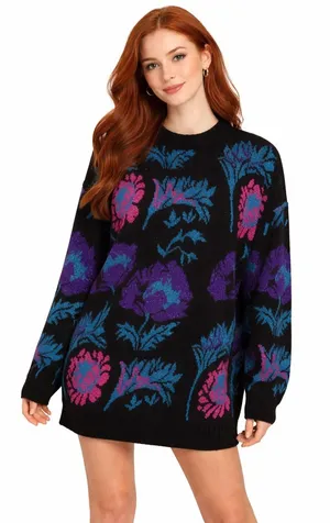 Vintage 80s Sparkly Floral Sweater Black Purple Teal Oversized Retro Cozy thumbnail 1