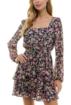 NWT City Studio Square-Neck Fit Flare Shear Lined Dress Navy Blue Multi S thumbnail 1