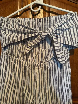 Aerie Strapless Tie‑Front Jumpsuit – Navy & White Stripe – Size L thumbnail 3