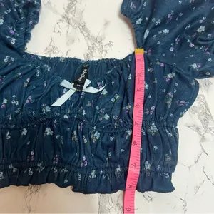 For Love And Lemons Lola Pointelle Blue Floral Coquette Puff Sleeves Crop Top XS thumbnail 7