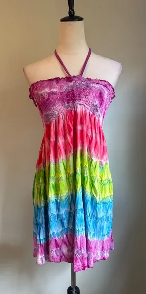 Rainbow TieDye Smocked Halter MiniDress CoverUp Pink Blue Green boho beach M NWt thumbnail 1