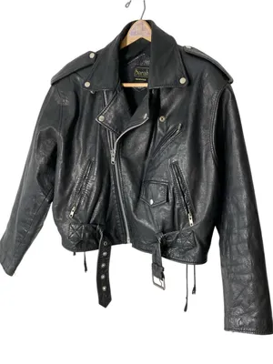 VINTAGE SARAH Black Leather Moto Jacket Size L thumbnail 7