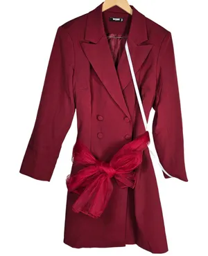 Missguided Plus Size 18 Blazer‎ Dress Mesh Bow Waist Burgundy Red Party thumbnail 1