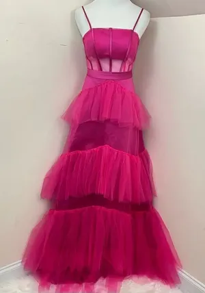 Fuchsia Pink Tulle Evening/ Prom Gown Corset Style Sheer S thumbnail 1