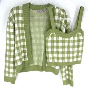 Lalavon Coordinated Set Checkered Crop Knit Sweater Set Green White Size Small thumbnail 1