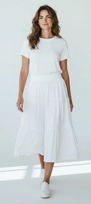 Ann Taylor Skirt XS Midi Tired Full White Ruffle Women's Basic Capsule Cotton Elastic Waist thumbnail 1