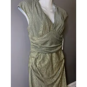 Maggy London Dress Womens 4 Gold Metallic Chevron Ruched V Neck Sheath Midi thumbnail 4