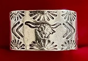 Western Steer Skull Stamped Ring Silver Country Rodeo Wide Band Size 8 thumbnail 1