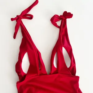 [Yolipuli] Red One Piece Convertible Swimsuit Bow Straps V-Neck Ruched Sz Large thumbnail 6