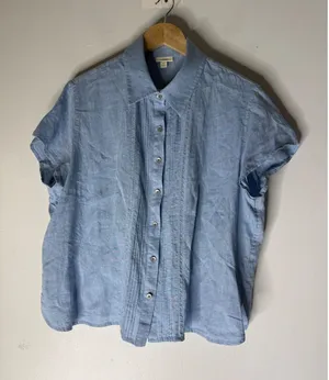 J. Jill Women XL Blue 100% Linen Pintuck Lace Trim Short Sleeve Button Down Top thumbnail 1