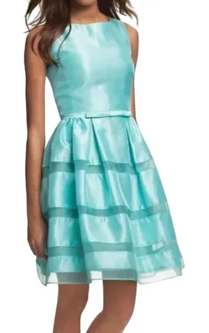 Taylor Dress Womens 10 Aqua Blue Satin Sleeveless Sheer V Back Party‎ Classic thumbnail 1