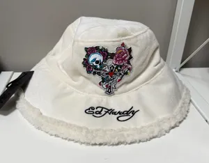 Ed Hardy Women's Off White Suede Faux Fur Bucket Hat OS Skull Pink Roses NWT thumbnail 1