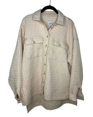 BDG Stanley Waffle Button Down Shirt Jacket XS Oversized Cream Shacket thumbnail 1