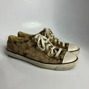 Coach Gema tan & gold monogram canvas sneakers women's size‎ 9 missing a logo thumbnail 3