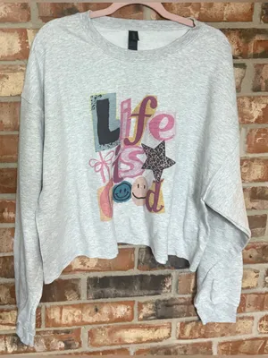 Gildan Light Gray Cropped Sweatshirt with Colorful 'Life' Graphic thumbnail 1
