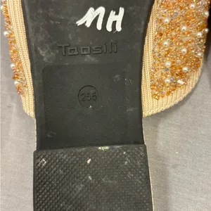 Toosili Footwear Women's Glittering Gold Bow Mules 8.5 pearls beads sparkle thumbnail 5