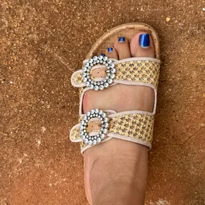 Anne Klein Hazel Tan Slide Sandals with Rhinestone Buckles 8.5 thumbnail 8
