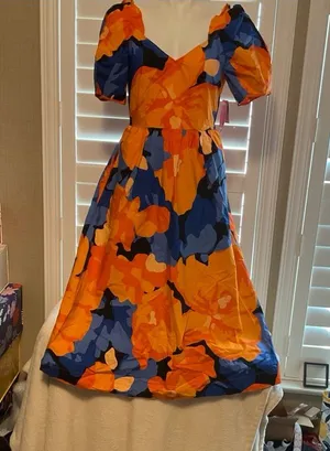 Backless Puff-Sleeve Floral Midi Dress - Orange & Blue thumbnail 1